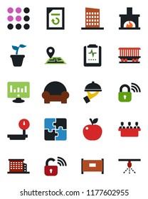 Color and black flat icon set - fence vector, statistic monitor, document reload, seedling, pulse clipboard, navigation, railroad, heavy scales, menu, application, meeting, office building, waiter