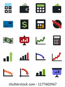 Color and black flat icon set - credit card vector, growth statistic, calculator, crisis graph, receipt, bar, wallet, cash, presentation