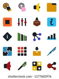 Color and black flat icon set - package vector, sorting, settings, touch screen, stop button, menu, folder, application, pen, sound, information, social media