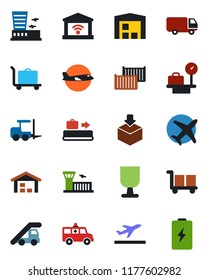 Color and black flat icon set - departure vector, baggage conveyor, trolley, fork loader, ladder car, plane, luggage scales, airport building, ambulance, cargo container, delivery, fragile, package