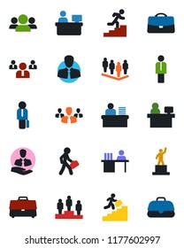 Color and black flat icon set - manager vector, pedestal, team, place, client, case, desk, career ladder, group