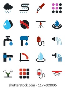 Color and black flat icon set - crisis graph vector, watering, water drop, rain, drip irrigation, dropper, menu, supply, sprinkler