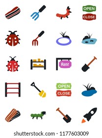 Color and black flat icon set - job vector, garden fork, shovel, lady bug, caterpillar, pond, rack, rent, bacon, open close, rocket