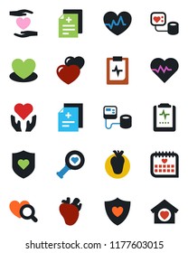 Color and black flat icon set - heart vector, pulse, diagnosis, blood pressure, diagnostic, shield, hand, real, medical calendar, clipboard, sweet home