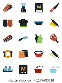 Color and black flat icon set - cook vector, cafe, hat, menu, bacon, salt and pepper, ham, bowl, rolling pin, cutting board, knife, steaming pan