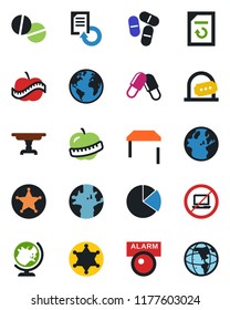 Color and black flat icon set - no laptop vector, ticket office, globe, document reload, pills, diet, earth, pie graph, table, police, alarm led