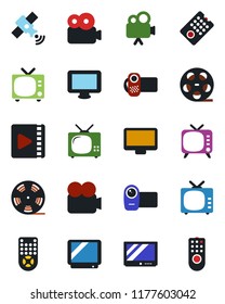 Color and black flat icon set - tv vector, reel, satellite, video camera, remote control, monitor