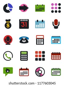 Color and black flat icon set - right arrow vector, calendar, circle chart, microphone, menu, calculator, phone, home message, money bag