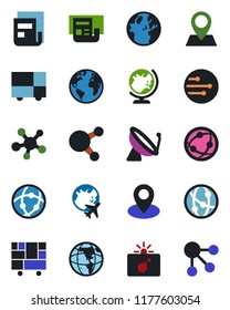 Color and black flat icon set - satellite antenna vector, bomb in case, globe, plane, earth, pin, consolidated cargo, network, share, news, social media