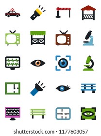 Color and black flat icon set - barrier vector, tv, alarm car, bench, monitor pulse, microscope, eye, torch, plan, alcove, scan