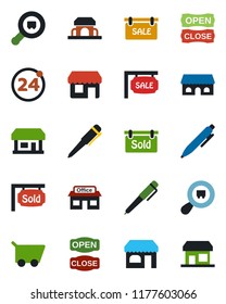 Color and black flat icon set - 24 around vector, shop, pen, store, search cargo, sale, sold signboard, cafe building, open close, cart, storefront
