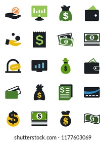 Color and black flat icon set - ticket office vector, dollar sign, money bag, statistic monitor, cash, receipt, credit card, wallet, investment