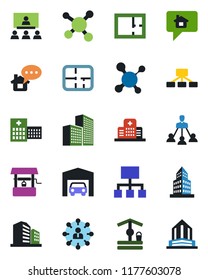 Color and black flat icon set - hierarchy vector, well, molecule, hospital, office building, garage, plan, home message