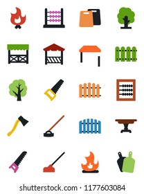 Color and black flat icon set - fence vector, tree, saw, fire, hoe, axe, abacus, table, alcove, cutting board