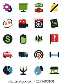 Color and black flat icon set - dollar sign vector, ambulance car, important flag, delivery, settings, mute, video, battery, presentation board, pie graph, company, bedroom, washer, candle, omelette