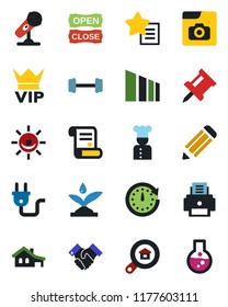 Color and black flat icon set - vip vector, pencil, contract, barbell, sorting, microphone, favorites list, photo gallery, drawing pin, printer, handshake, house with garage, estate search, cook