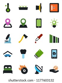 Color and black flat icon set - checkroom vector, mobile phone, seedling, axe, dropper, microscope, implant, navigation, pin, sorting, satellite antenna, flame disk, speaker, garage, bedroom, bulb
