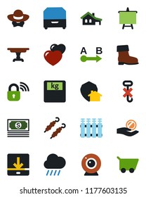 Color and black flat icon set - presentation board vector, boot, rain, scales, cash, no hook, route, heart, download, archive box, house with garage, table, dress code, kebab, wireless lock, cart