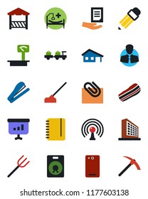 Color and black flat icon set - baggage larry vector, office building, notepad, document, farm fork, hoe, hospital bed, client, heavy scales, antenna, speaker, phone back, paper clip, pencil, bacon