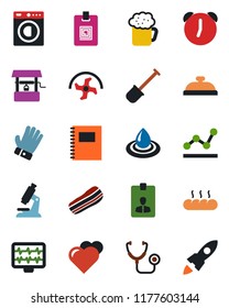 Color and black flat icon set - identity card vector, shovel, ripper, glove, well, heart, monitor pulse, stethoscope, microscope, alarm, copybook, point graph, washer, reception, beer, bacon, bread