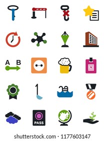 Color and black flat icon set - barrier vector, passport, globe, clouds, office building, pennant, medal, no hook, route, share, favorites list, certificate, identity card, pool, beer, ladle, socket