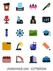 Color and black flat icon set - office building vector, hierarchy, graduate, money bag, crisis graph, coffee, meeting, calendar, statistic monitor, radio phone, folder, chair, desk lamp, tie, copier
