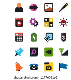 Color and black flat icon set - washer vector, right arrow, document search, pen, paper pin, rewind, gallery, settings, user, bell, cut, photo, cellular signal, charge, application, phone, alarm led