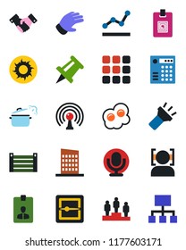 Color and black flat icon set - handshake vector, identity card, pedestal, drawing pin, glove, sun, container, antenna, microphone, menu, scanner, torch, face id, point graph, city house, omelette