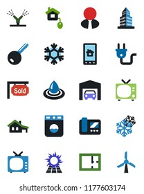 Color and black flat icon set - tv vector, office building, house with garage, plan, sold signboard, estate agent, key, home control, power plug, irrigation, snowflake, intercome, app, water, washer