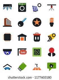 Color and black flat icon set - office building vector, warehouse, sun panel, garage, sold signboard, estate agent, key, chip, air conditioner, washer, warm floor, energy saving bulb, police