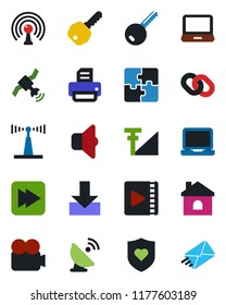 Color and black flat icon set - printer vector, house, heart shield, satellite antenna, video camera, laptop pc, chain, fast forward, download, cellular signal, application, key, sound, mail