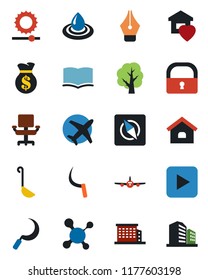 Color and black flat icon set - plane vector, book, tree, sickle, molecule, play button, brightness, compass, lock, ink pen, office chair, house, building, sweet home, ladle, water, money bag