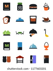 Color and black flat icon set - pills bottle vector, coffee, fridge, dish, menu, reception, drink, waiter, egg stand, salt and pepper, bread, cafe table, alcove, chicken, hamburger, ladle, serviette