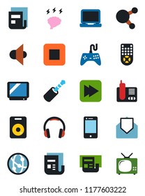Color and black flat icon set - brainstorm vector, news, speaker, gamepad, tv, remote control, network, cell phone, headphones, laptop pc, radio, share, mail, stop button, fast forward