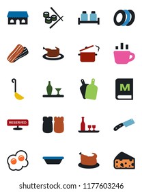 Color and black flat icon set - coffee vector, alcohol, menu, reserved, plates, bacon, salt and pepper, cafe building, chicken, ladle, bowl, cutting board, knife, steaming pan, sushi, omelette