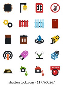 Color and black flat icon set - no mobile vector, phone back, sim, home control, chip, irrigation, wireless, snowflake, gear, water, radiator, warm floor, outdoor lamp, trash bin, fridge, sun panel