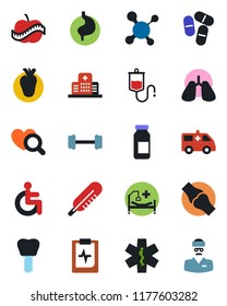 Color and black flat icon set - molecule vector, dropper, thermometer, heart diagnostic, pills, ampoule, ambulance star, car, barbell, hospital bed, disabled, stomach, lungs, real, implant, joint