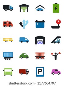 Color and black flat icon set - dispatcher vector, airport bus, parking, ladder car, ambulance, route, railroad, truck trailer, delivery, heavy scales, garage, gate control, battery