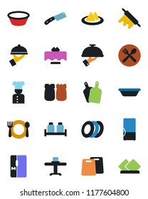 Color and black flat icon set - fridge vector, cook, restaurant table, serviette, cafe, plates, waiter, salt and pepper, bowl, rolling pin, cutting board, knife