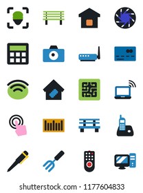 Color and black flat icon set - credit card vector, wireless notebook, camera, pen, garden fork, bench, barcode, touch screen, radio phone, mobile, calculator, face id, smart home, chip, router, pc