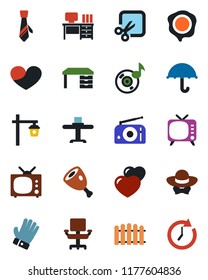 Color and black flat icon set - desk vector, stamp, fence, glove, garden light, umbrella, radio, tv, heart, cut, music, office chair, tie, restaurant table, dress code, ham, clock