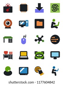 Color and black flat icon set - bomb in case vector, mouse, desk, support, tv, touch screen, monitor, share, network, folder, download, notebook pc, chip, web camera, eye scan, fingerprint, man with
