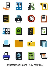 Color and black flat icon set - passport vector, identity, office binder, document, reload, stamp, printer, folder, clipboard, search, checklist, paper, tray, contract