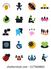 Color and black flat icon set - baby vector, team, brainstorm, meeting, manager place, heart, disabled, stomach, tooth, joint, virus, speaker, fingerprint id, shining head, hierarchy