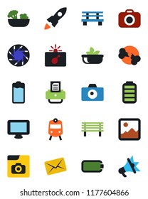 Color and black flat icon set - train vector, bomb in case, camera, printer, bench, broken bone, monitor, battery, mobile, gallery, photo, salad, rocket, mail, advertising