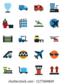 Color and black flat icon set - plane vector, airport tower, taxi, arrival, baggage trolley, fork loader, ladder car, helicopter, seat map, building, ambulance, delivery, sea port, container