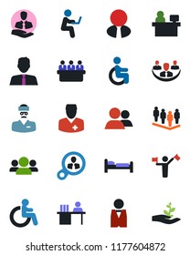 Color and black flat icon set - dispatcher vector, disabled, bed, team, meeting, manager place, doctor, client, group, company, desk, estate agent, waiter, consumer search, man with notebook