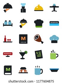 Color and black flat icon set - hot cup vector, coffee, cook, dish, alcohol, restaurant table, hat, menu, reserved, cocktail, waiter, salt and pepper, cafe building, receipt, ham, bowl