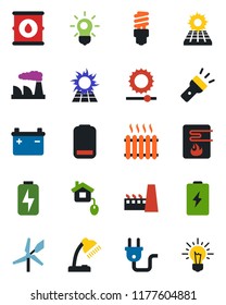 Color and black flat icon set - factory vector, oil barrel, low battery, torch, brightness, charge, desk lamp, sun panel, heater, home control, power plug, water, bulb, energy saving, windmill, idea