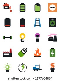 Color and black flat icon set - fork loader vector, bulb, factory, ladder, fire, barbell, remote control, speaker, battery, low, rca, charge, home, socket, energy saving
